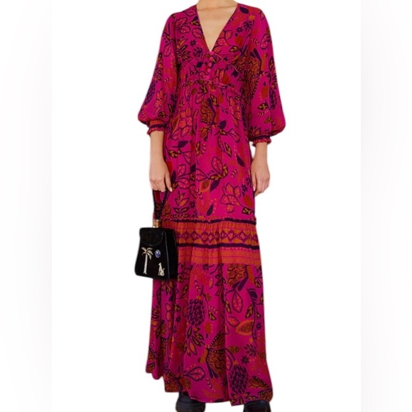 Farm Rio Macaw Forest Tropical Floral Long Sleeve Plunge Neckline Maxi Dress